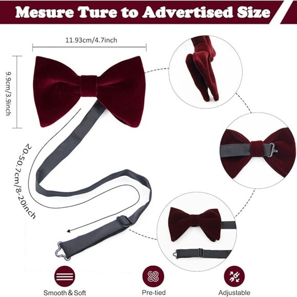 Velvet Bow Ties for Men Wine Red - Picture 4 of 4